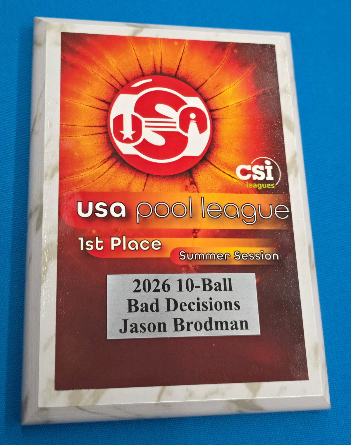 Naming a team is important because plaques. lol Bad Decisions plaque #3, second one in 10-ball. Won the session by about 1200 points.
